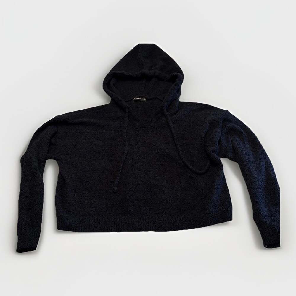 Black Fuzzy Fleece Pullover Hoodie Cropped Sweatshirt M Whimsigoth Street Wear